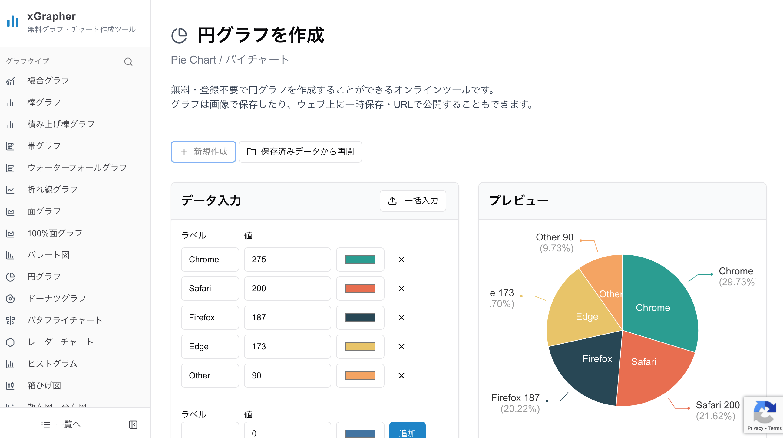 xGrapherの円グラフ作成画面